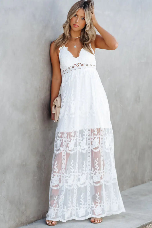 White Lace Crisscross Backless Maxi Dress - wantitall.org