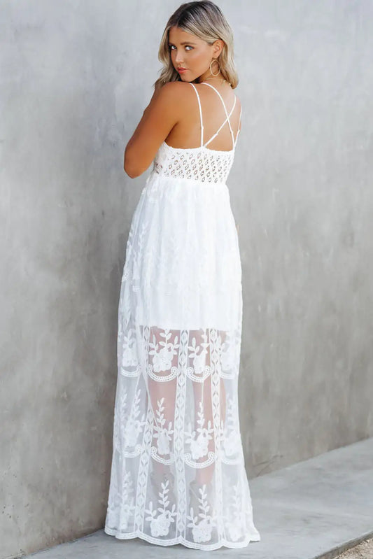 White Lace Crisscross Backless Maxi Dress - wantitall.org